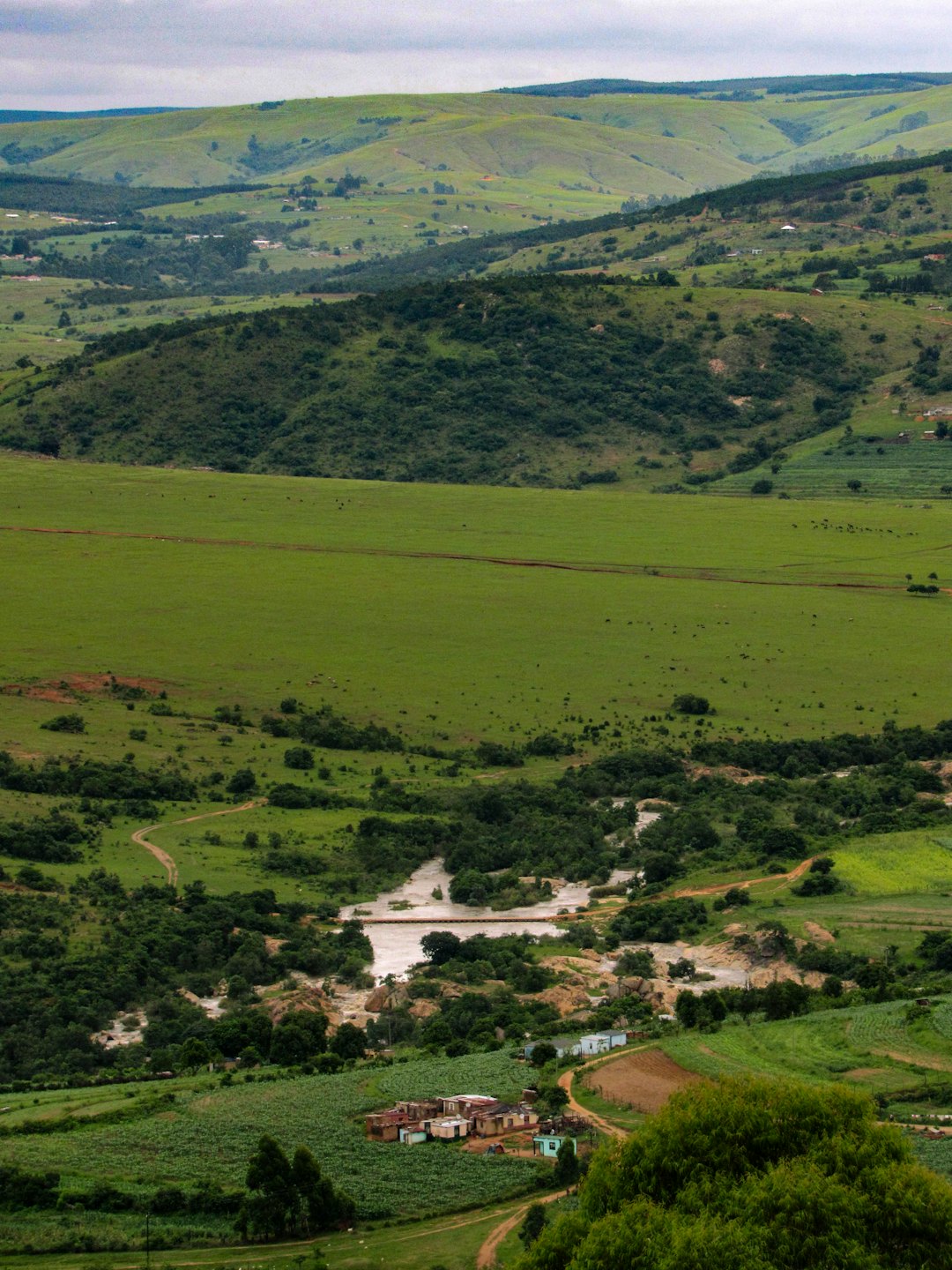 A muddy river winds through a green valley with rural homes.